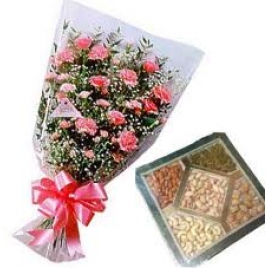 Budding Pink Roses With 1 Kg Assorted Dry Fruits